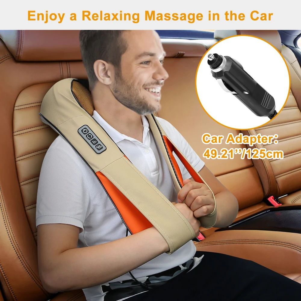 Relaxing car massage pillow with adjustable straps and control panel, compatible with car adapter, designed for comfort during travel.