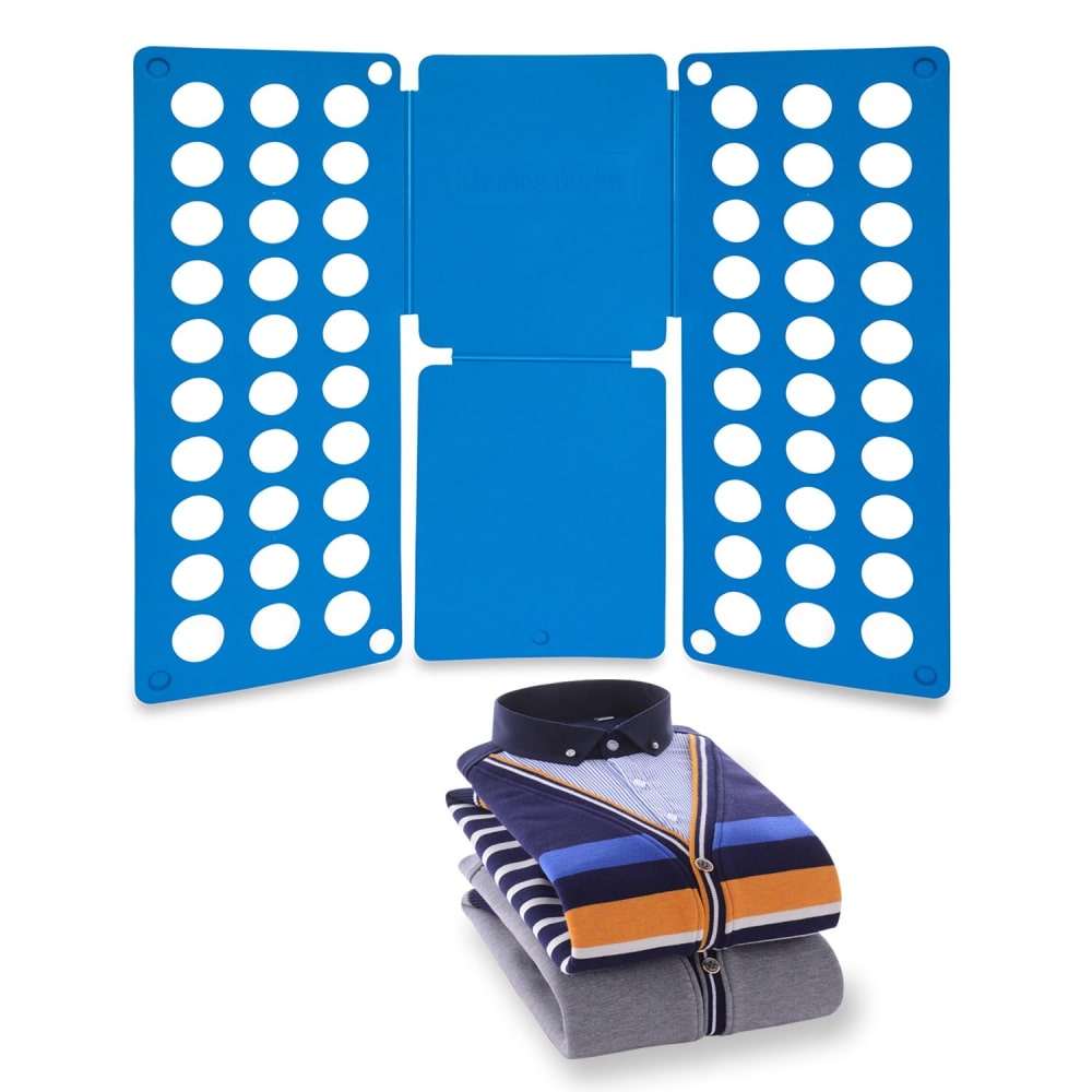 Blue folding clothes organizer with neatly stacked sweaters and a collared shirt, ideal for efficient packing and storage.