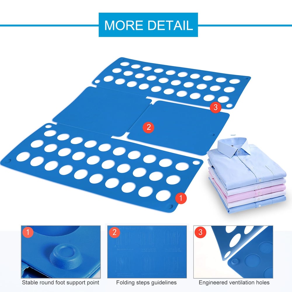 Blue folding board for clothes with engineered ventilation holes and guidelines for efficient folding, accompanied by neatly folded shirts in the background.