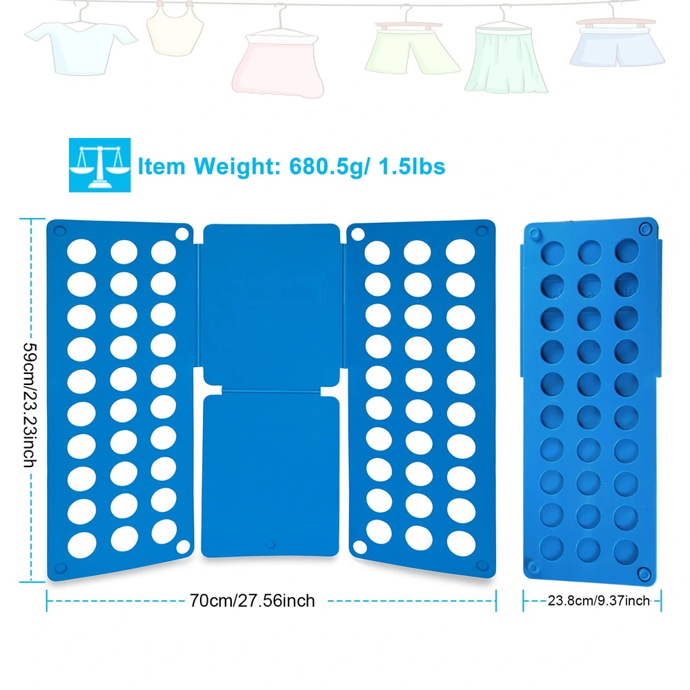 Blue folding laundry drying rack with multiple holes for airflow and quick drying, featuring dimensions of 70cm x 59cm, lightweight at 680.5g, ideal for home use.
