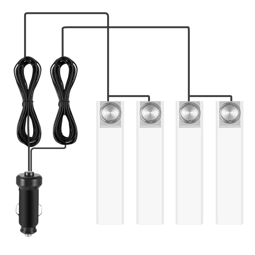 Car cigarette lighter splitter with dual output and four LED lights, featuring two long black cables for easy connectivity.