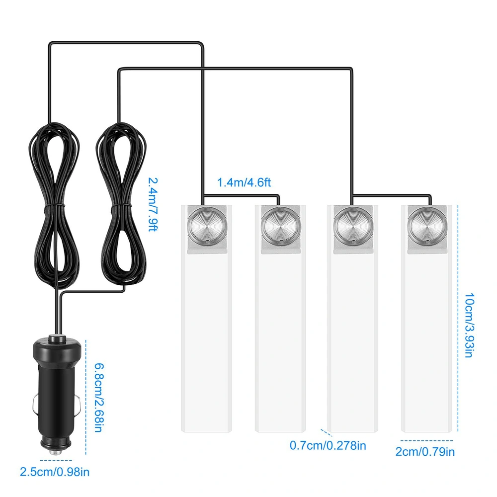 Car charger power splitter with four LED lights, featuring black wiring and measurements for easy installation, ideal for enhancing vehicle lighting.