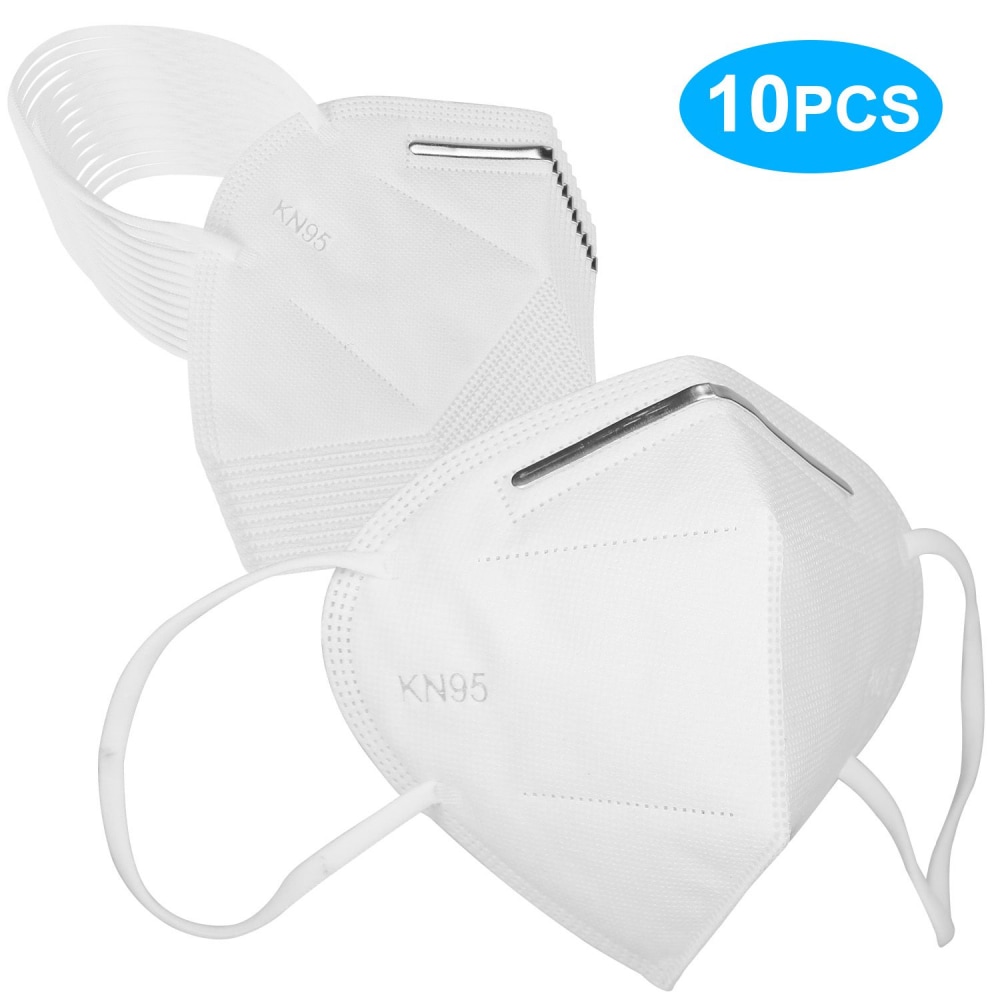KN95 respirator masks pack of 10, featuring a secure fit and breathable white material for effective health protection against airborne particles.