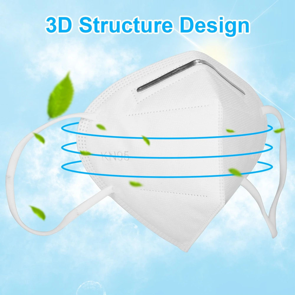 3D structured KN95 face mask designed for optimal comfort and filtration, featuring adjustable ear loops and a protective metal nose bridge against airborne particles.