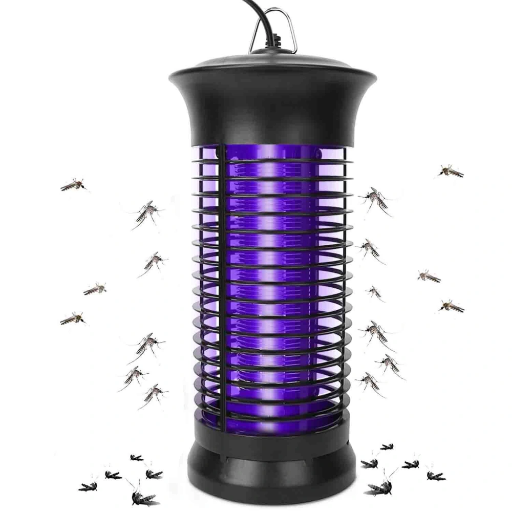 Electric mosquito trap with a purple light, designed to attract and eliminate mosquitoes, surrounded by dead mosquitoes.
