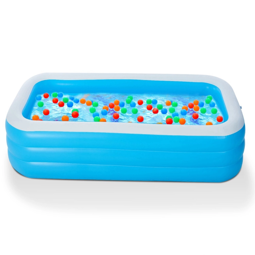Inflatable children’s pool filled with colorful balls, featuring a vibrant blue design and white trim, perfect for summer fun and outdoor play.