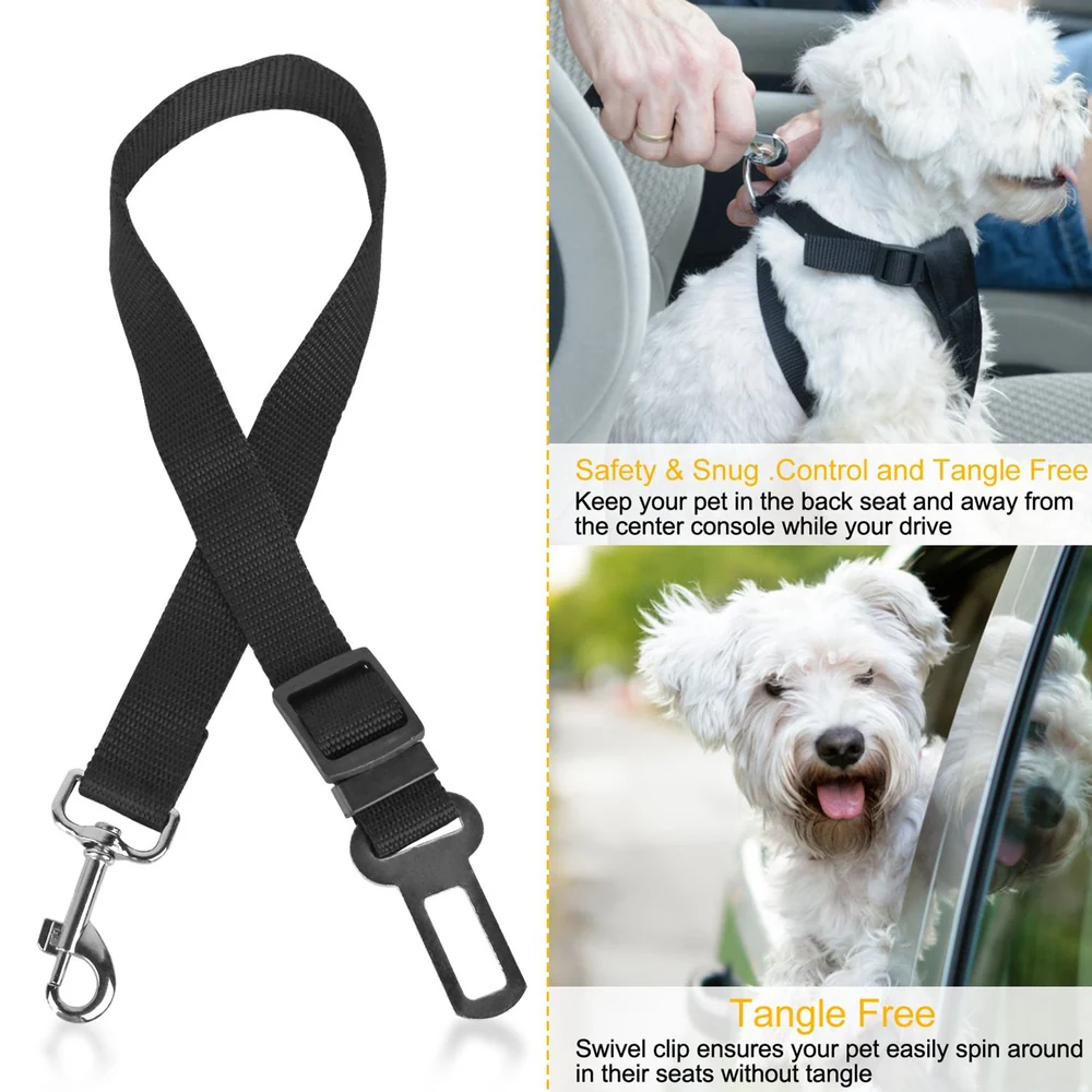 Black adjustable pet seat belt attachment strap for dog safety in vehicles, featuring a swivel clip for tangle-free movement and secure fastening to harness.