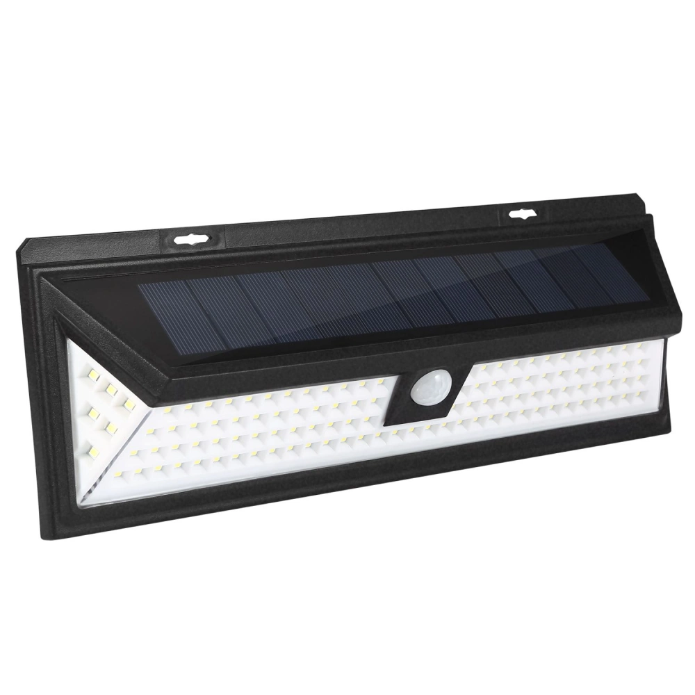 Solar-powered outdoor LED motion sensor light with a sleek black design and wide light coverage.