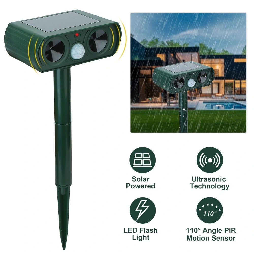 Solar-powered ultrasonic pest repeller with dual speakers and a motion sensor, designed for outdoor use, shown in rain with key features highlighted.