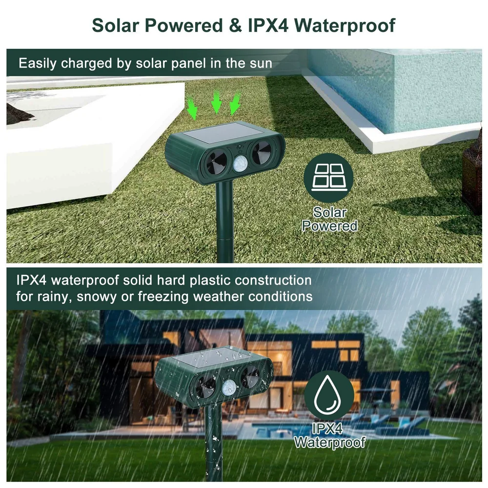 Solar-powered outdoor light with IPX4 waterproof rating, designed for all weather conditions, featuring a durable hard plastic construction and easy solar panel charging.