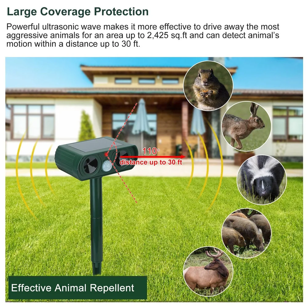 Ultrasonic animal repellent device with solar power, effective up to 2,425 sq.ft, detecting motion within 30 ft, shown in a grassy yard with various animals around.