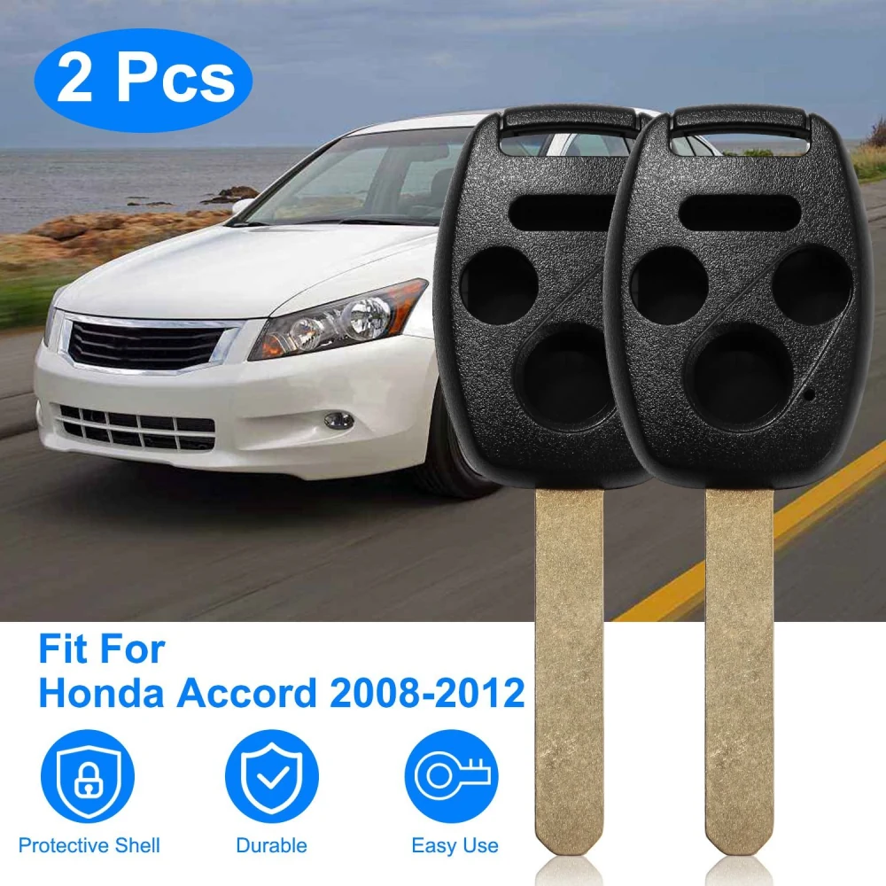 Set of two durable car keys for Honda Accord models 2008-2012, featuring a protective shell and designed for easy use, shown against a backdrop of a white Honda Accord driving on a scenic road.