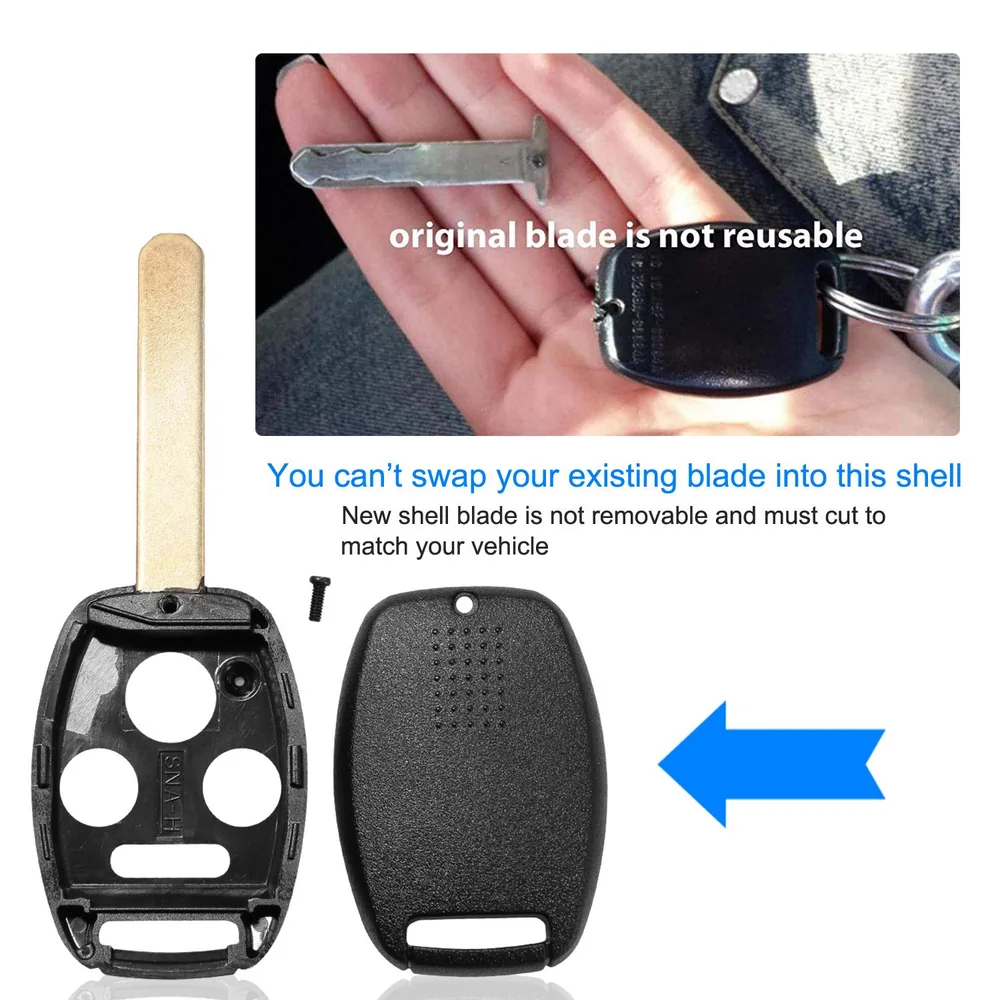 Key replacement shell for vehicle keys, featuring a non-removable blade requiring customization to match your car, displayed alongside a hand holding the original blade with the text explaining reusability limitations.