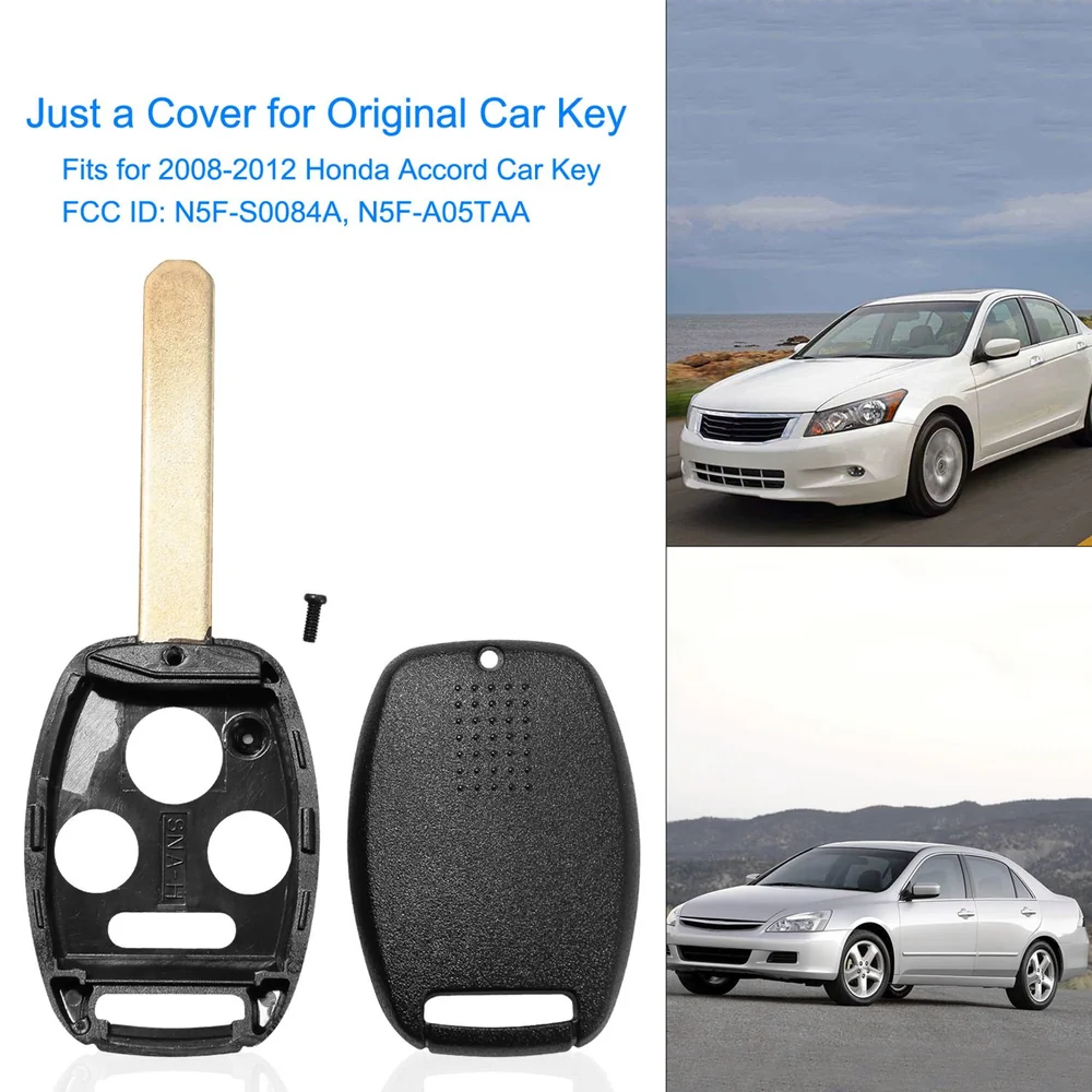 Black car key cover for 2008-2012 Honda Accord, includes key shell and screw, designed for original key replacement.