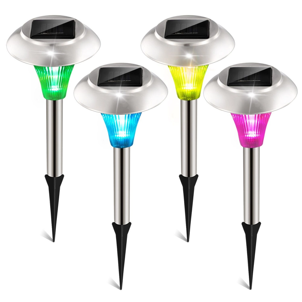 Solar-powered garden lights with colorful LED bulbs in green, blue, yellow, and pink, featuring sleek stainless steel design and stakes for easy installation.