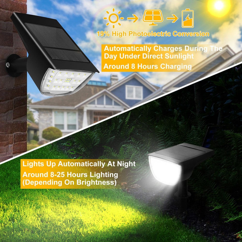 Solar-powered outdoor LED light with efficient photoelectric conversion, designed to automatically charge in sunlight and illuminate dark areas for 8-25 hours at night.