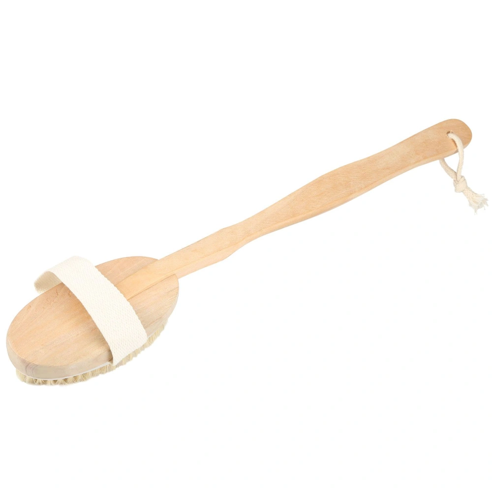 Natural wooden body brush with soft bristles and a cotton grip strap for exfoliating and soothing skin during bathing or spa treatments.