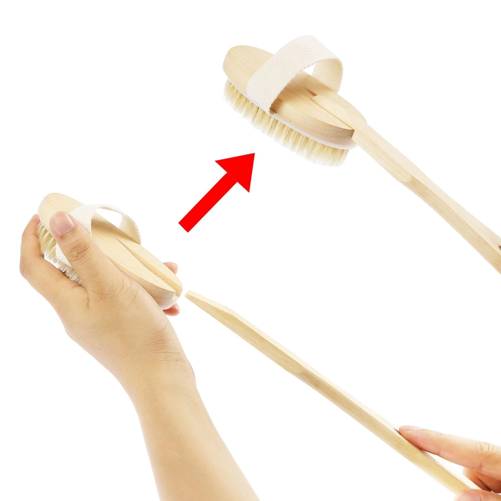 Natural wooden body brush with a convenient strap, demonstrating ergonomic design for effective skin exfoliation and cleansing.