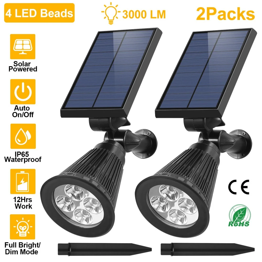 Solar-powered outdoor LED lights with 3000 lumens brightness, featuring 4 LED beads, IP65 waterproof rating, auto on/off functionality, and two-pack design.