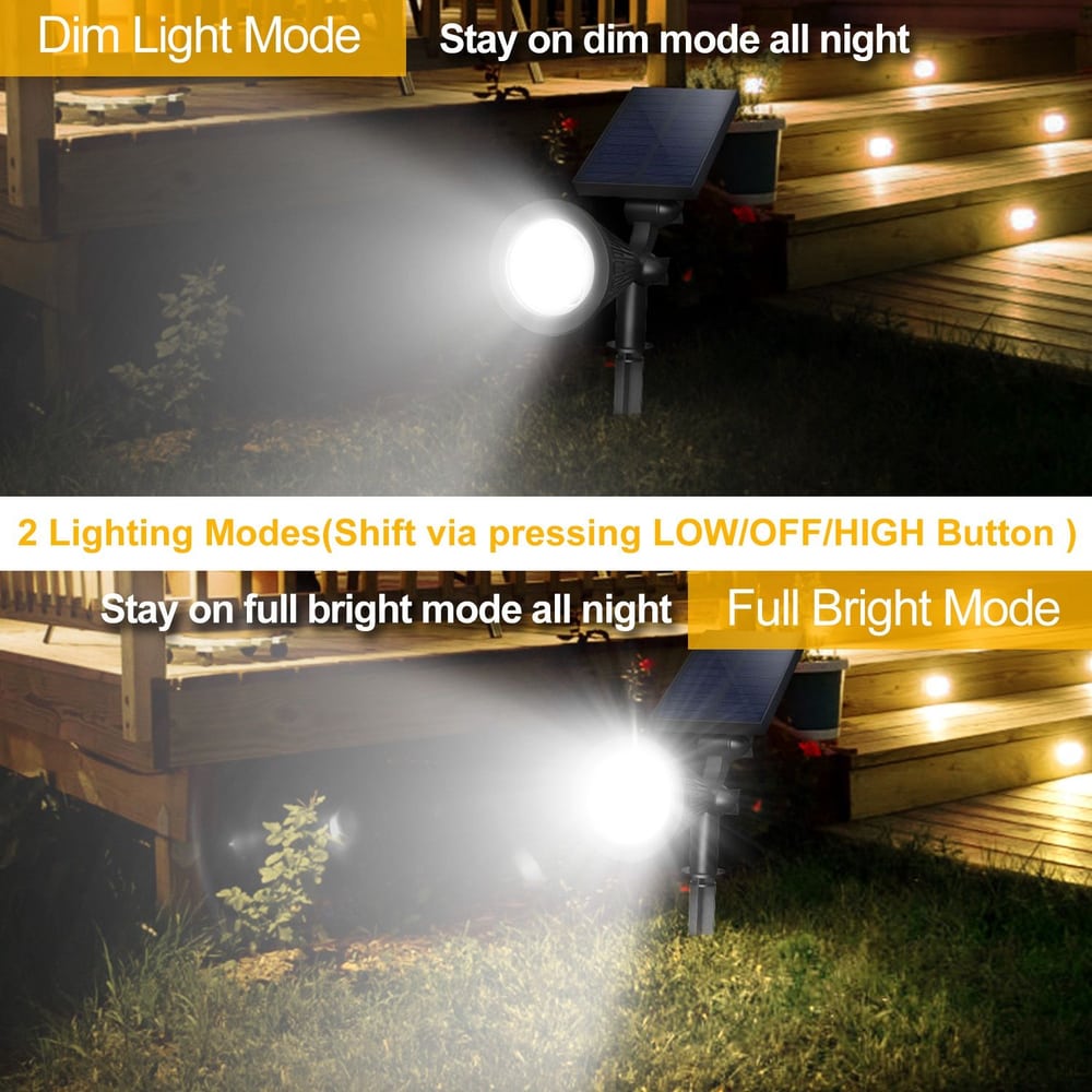 Solar-powered outdoor spotlight showcasing two lighting modes: dim light mode for all-night illumination and full bright mode for maximum brightness, ideal for enhancing outdoor spaces.