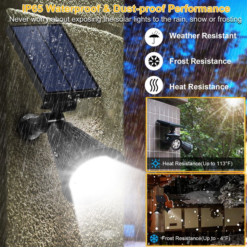 Solar spotlight with IP65 waterproof and dust-proof design, showcasing features like heat resistance up to 113°F and frost resistance down to -4°F, installed on a wet wall with raining background.