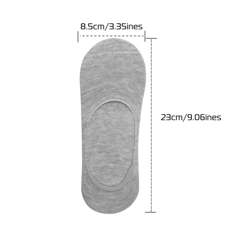 Gray women's no-show socks with measurements of 23 cm (9.06 inches) in length and 8.5 cm (3.35 inches) in width, ideal for discreet wear with various footwear styles.