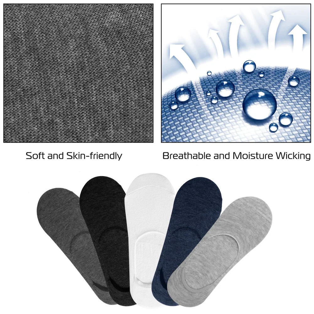 Five pairs of soft, skin-friendly, moisture-wicking socks in black, white, gray, and navy blue, showcasing breathable fabric technology.