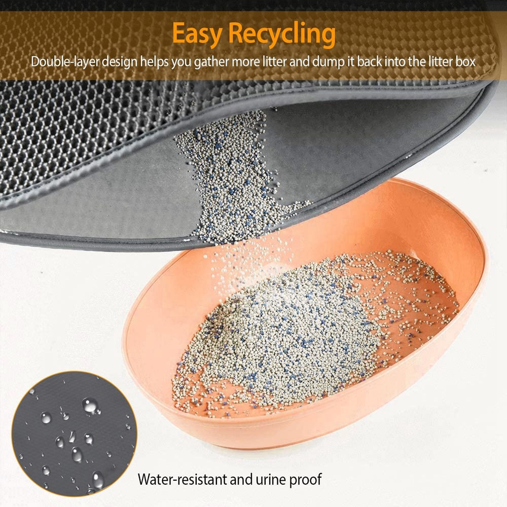 Double-layer cat litter mat showing litter being dumped back into a litter box, featuring a water-resistant and urine-proof design for easy cleaning and recycling.