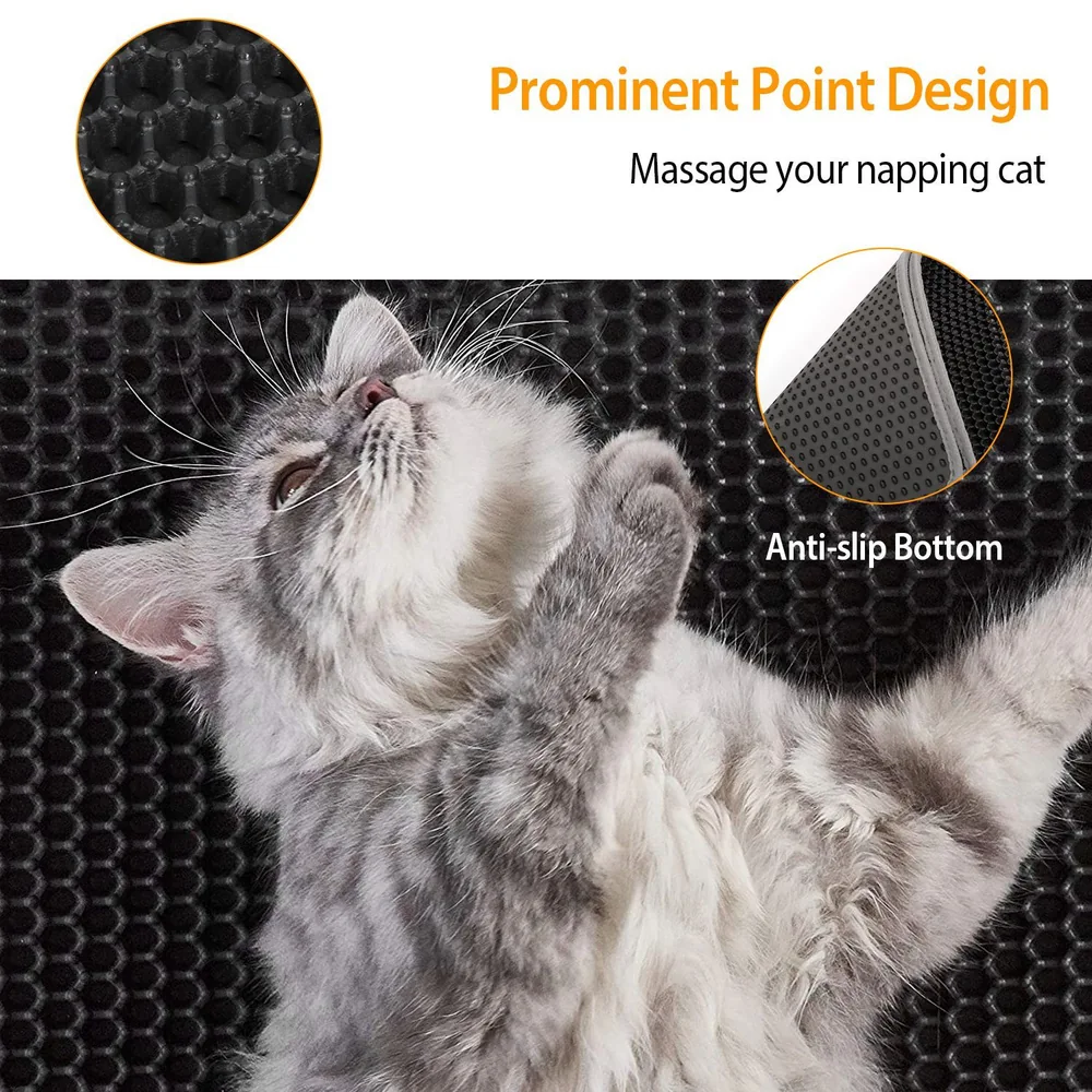 Fluffy grey cat enjoying a massage on a textured black pet mat with anti-slip bottom, designed for comfort and safety during naptime.