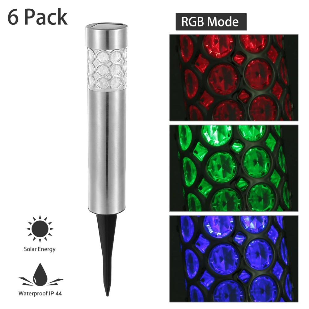 Solar-powered RGB garden lights in a six-pack, featuring a sleek stainless steel design and waterproof construction (IP 44), showcasing vibrant color modes: red, green, and blue.