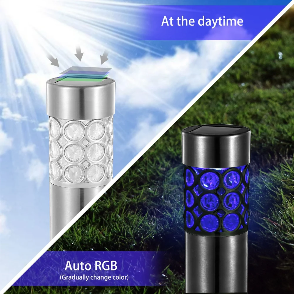 Solar-powered RGB outdoor light showcasing daytime solar panel functionality on the left and vibrant color-changing illumination on the right, set against a grassy background.