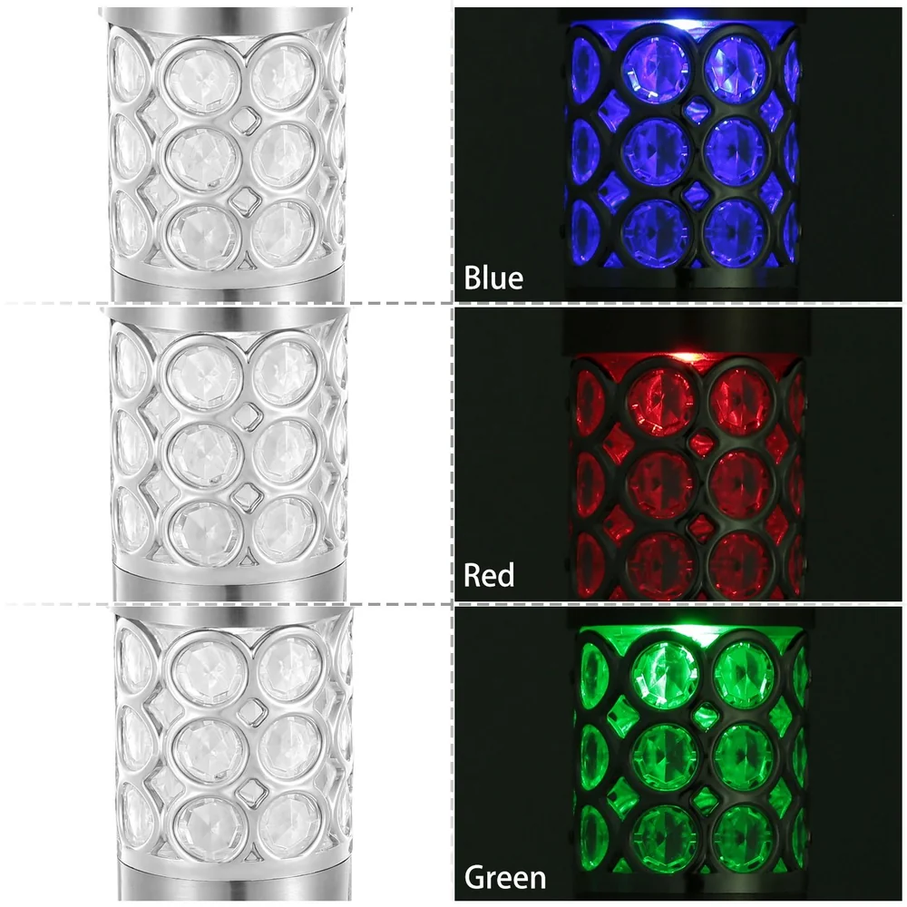 Color-changing LED crystal lamp showcasing blue, red, and green light settings with a sleek silver design and decorative gems.