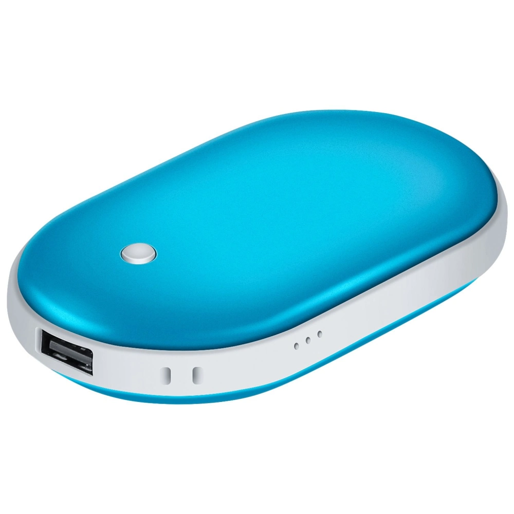 Compact blue portable power bank with USB output and indicator lights.