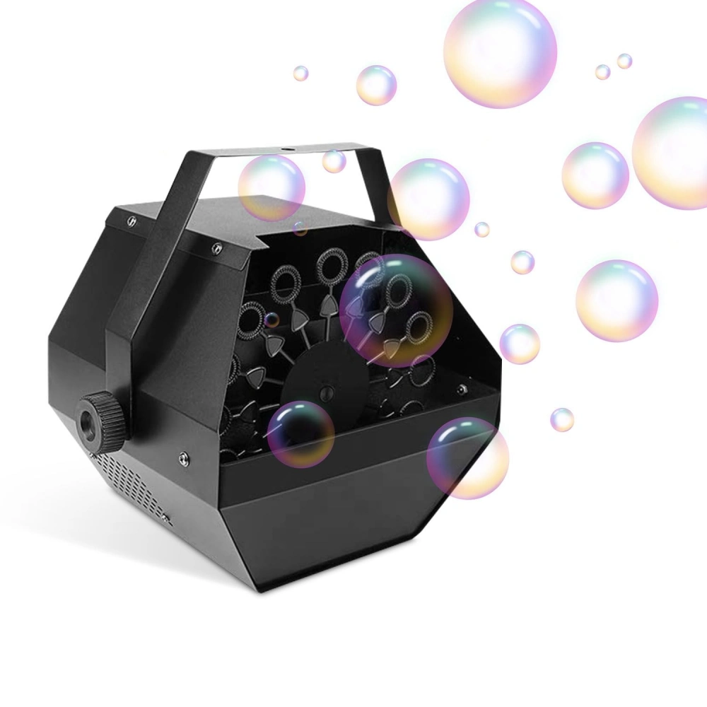 Black bubble machine with colorful bubbles floating around, ideal for parties and events.