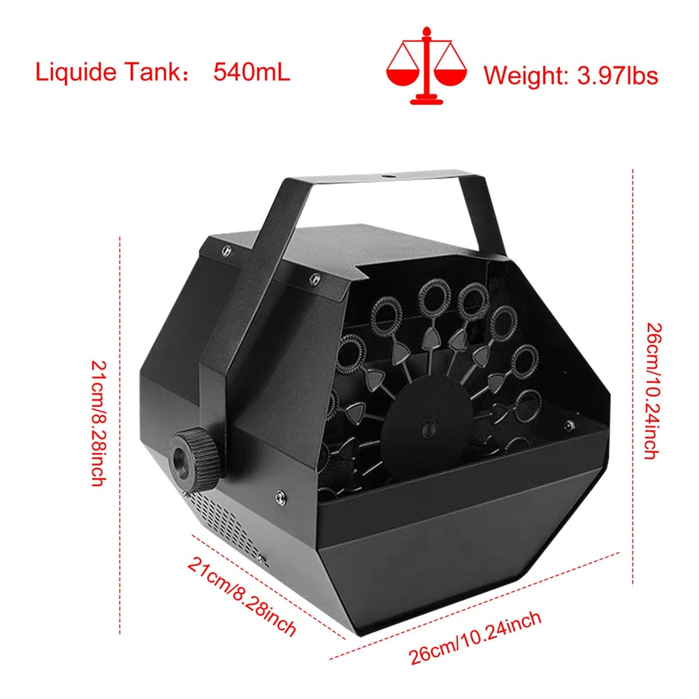 Black fog machine with 540mL capacity and a weight of 3.97lbs, featuring a fan and handle for easy transport, ideal for events and parties.