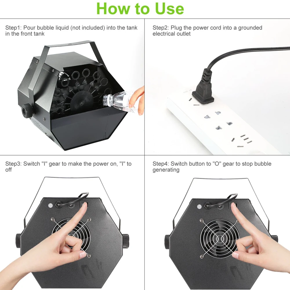 Instructions for using a bubble machine, featuring steps for pouring bubble liquid, plugging in the power cord, and operating the device, displayed in four clear images with step-by-step guidance.