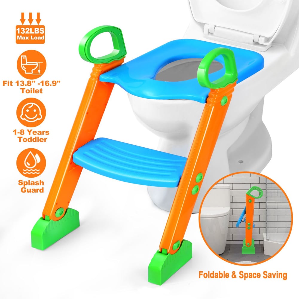 Toddler toilet training step stool with a splash guard, designed for children aged 1-8 years, featuring a foldable and space-saving design, suitable for toilets fitting 13.8" to 16.9" in height.