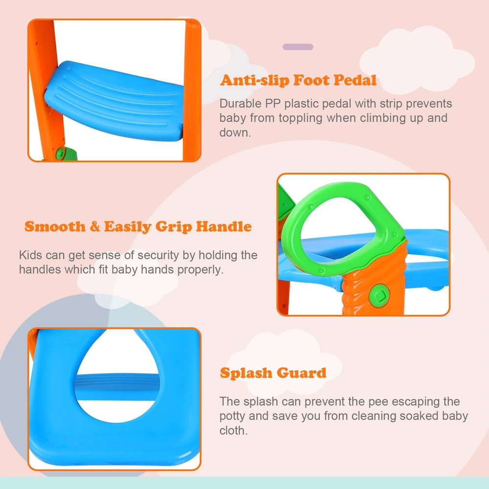Colorful children's potty training step stool with anti-slip foot pedal, smooth grip handles, and splash guard for safety and stability.