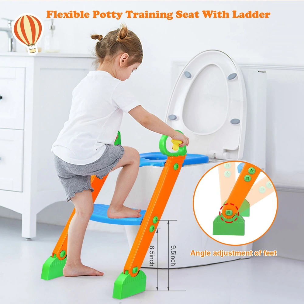Flexible potty training seat with adjustable ladder, designed for child comfort and safety, placed next to a toilet.