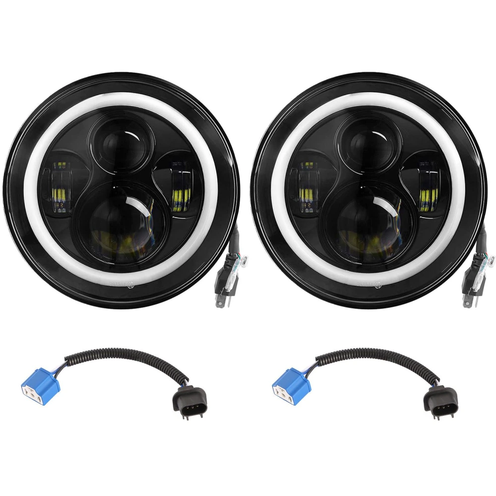 LED halo projector headlights for vehicles, featuring a pair of round black housing lights with stylish daytime running lights and included wiring harness for easy installation.