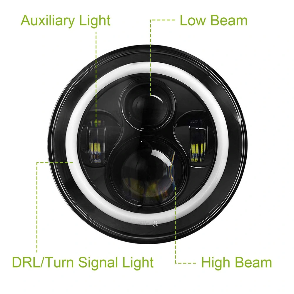 LED headlight system featuring low beam, high beam, auxiliary light, and DRL/turn signal light arrangements labeled for easy identification.