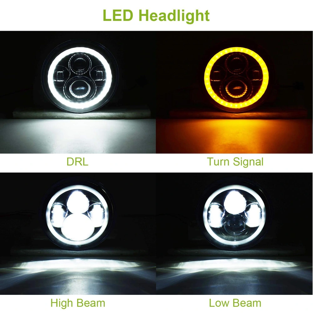 LED headlight showcasing different lighting modes: daytime running lights (DRL), turn signal, high beam, and low beam in a circular design.