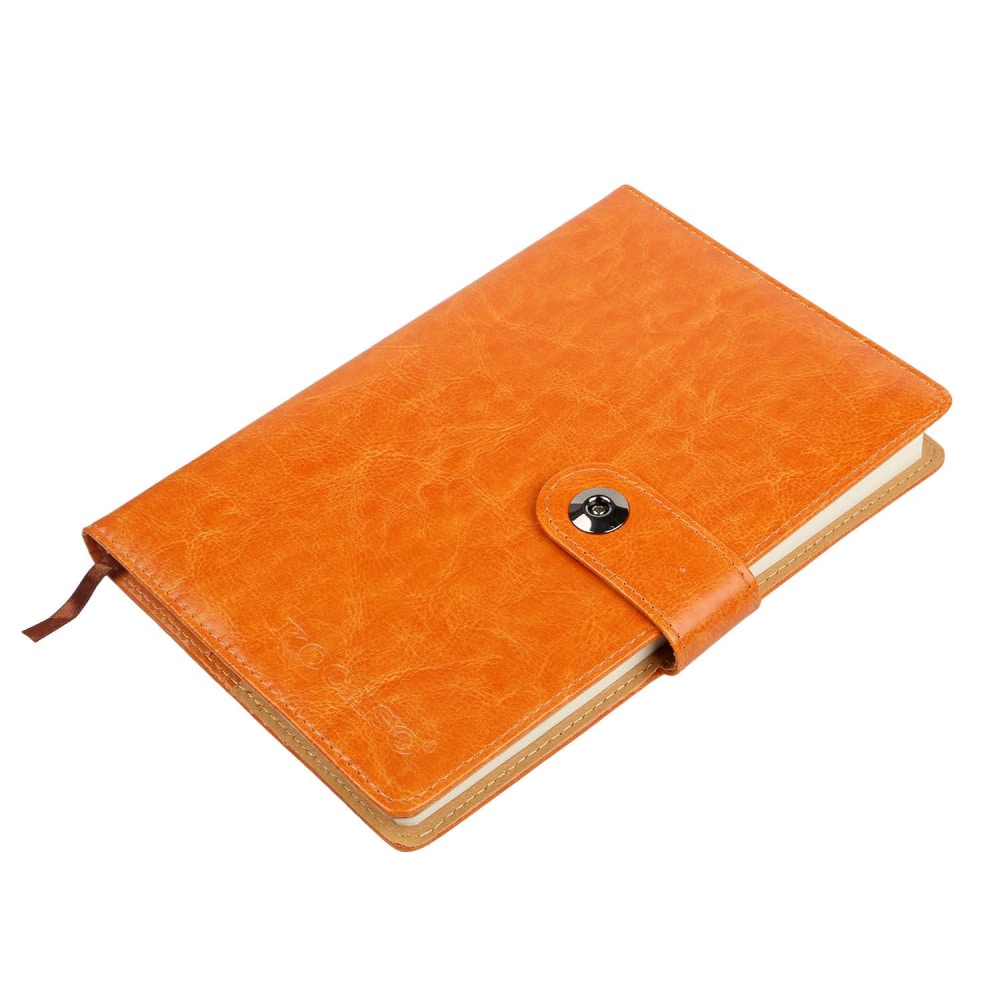Stylish orange leather notebook with a secure snap closure, perfect for journaling or note-taking.