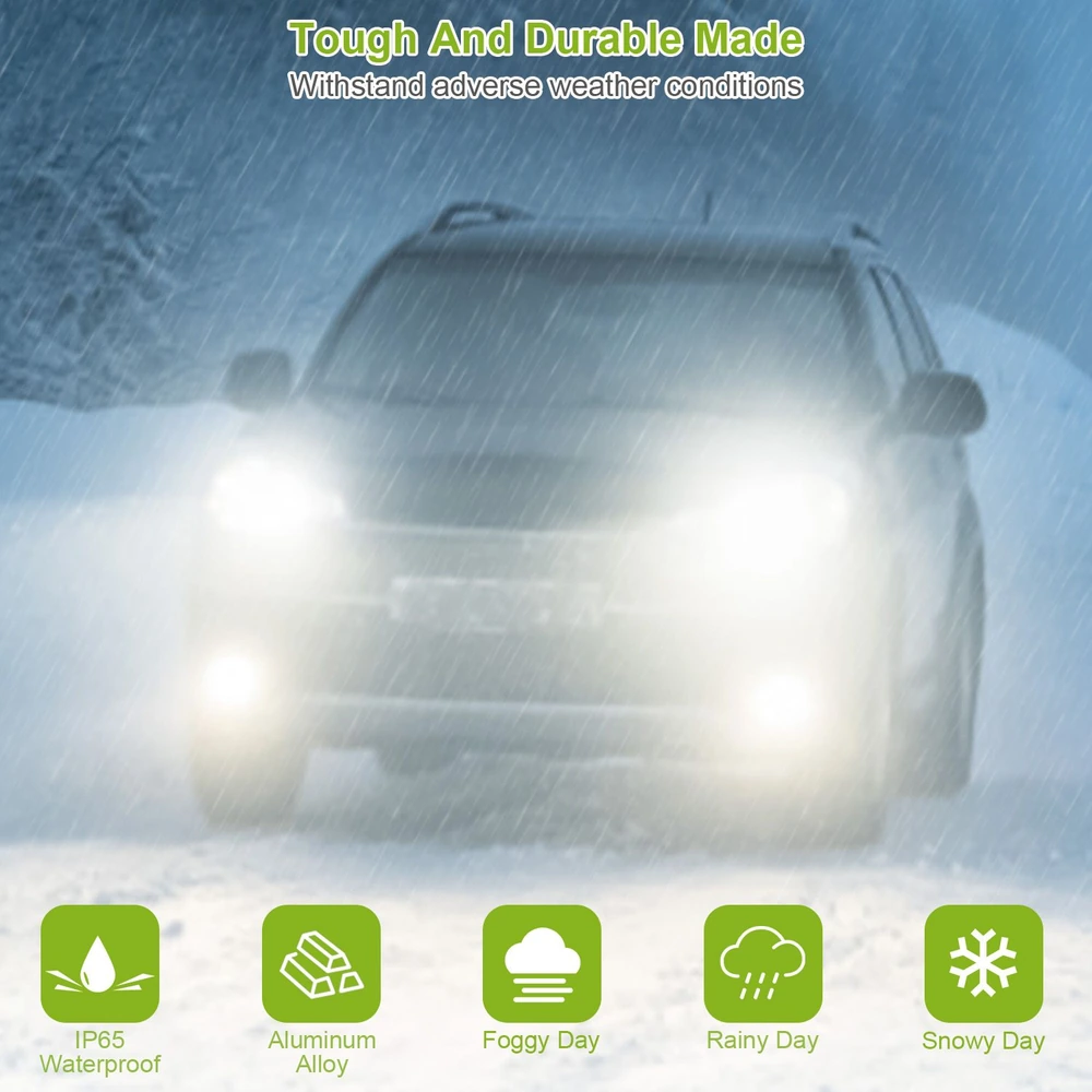 LED car headlights in a snowy, rainy setting showcasing durability and IP65 waterproof rating, ideal for foggy, rainy, and snowy weather conditions.