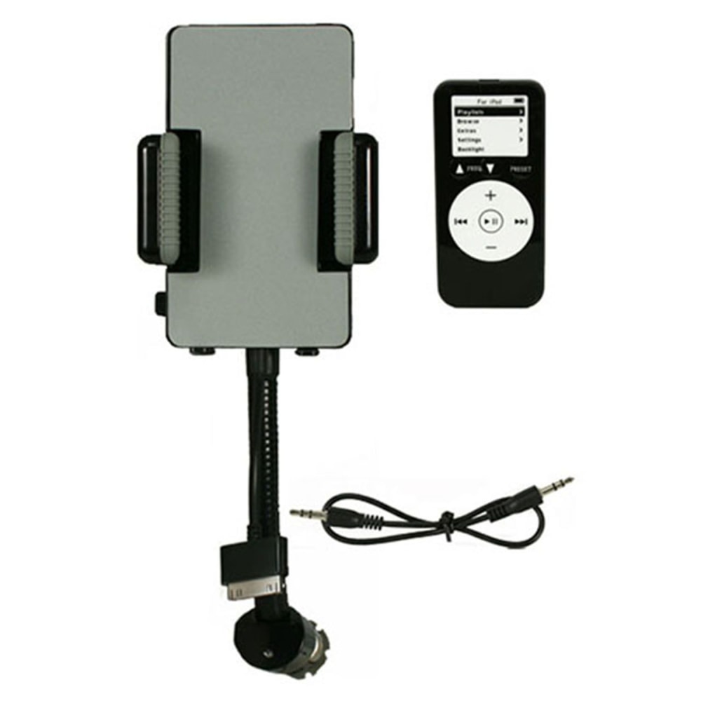 Car mount for iPod with flexible arm and audio cable, featuring a secure grip and easy access buttons.