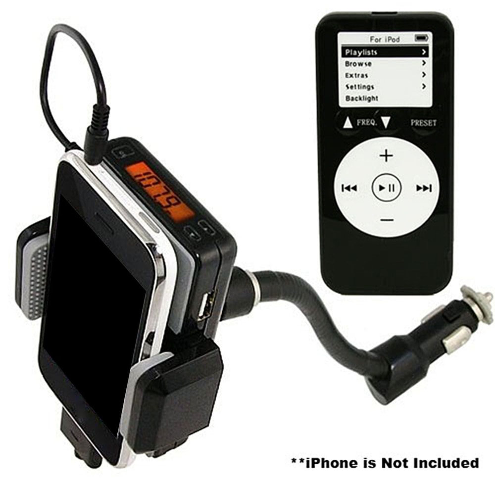 iPhone and iPod car accessory with FM transmitter, featuring a digital display and connection cables for easy playlist control.