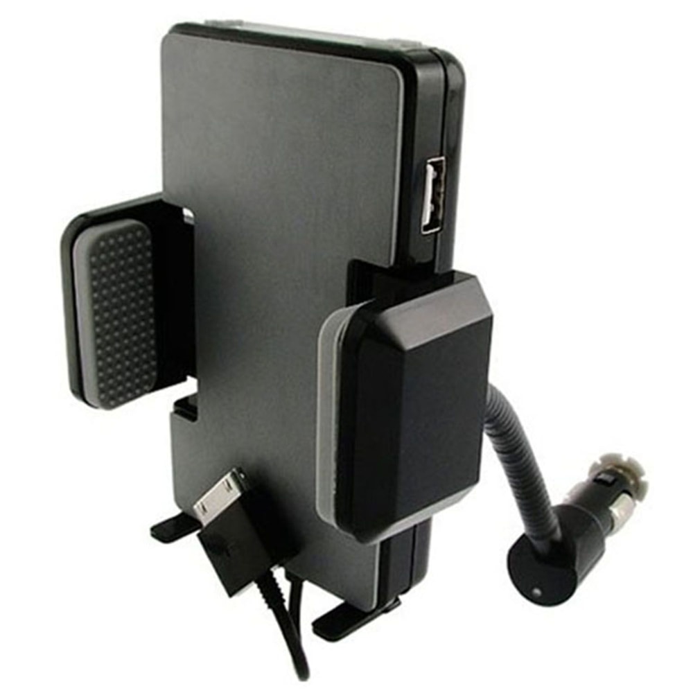 Car phone holder and charger with adjustable grip and USB connection for hands-free device use while driving