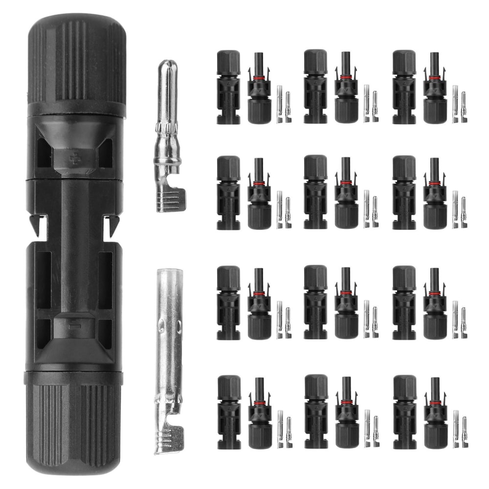 Multi-piece electrical connector kit featuring one connector tool, multiple black connectors with assorted terminals, ideal for DIY electronics projects and repairs.