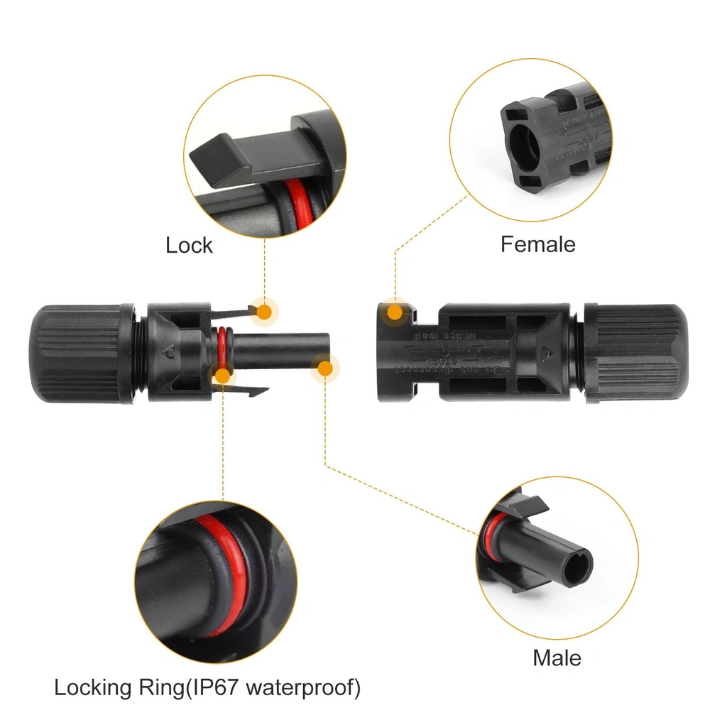 High-quality waterproof electrical connector featuring male and female ends, locking ring, and detailed anatomy for secure connections, ideal for outdoor and automotive applications.