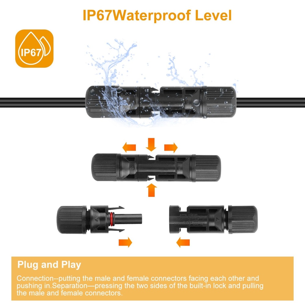Illustration of an IP67 waterproof electrical connector, featuring a detailed visual explanation of its plug-and-play functionality with water splash graphics, labeled separation and connection steps for ease of use.